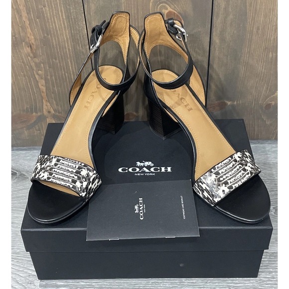 Coach Shoes - Coach Paige Black White Snake/Mat Calf Leather Block Heel Sandals Women's 8M NEW